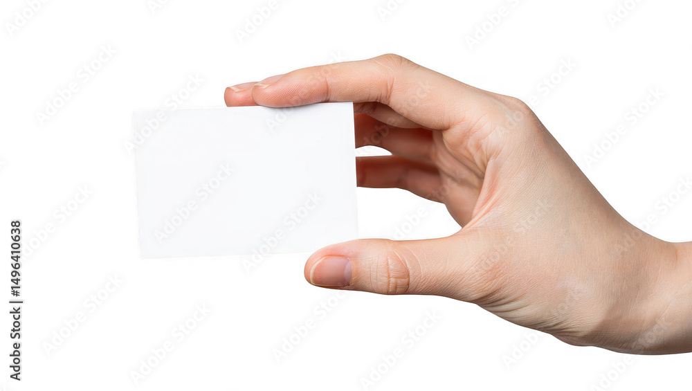 Obraz premium Hand Holding Blank White Business Card on Transparent Background