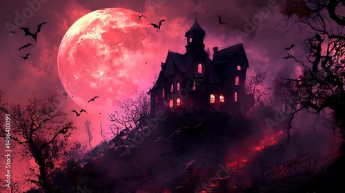 Haunted mansion under a blood moon, surrounded by dark trees.