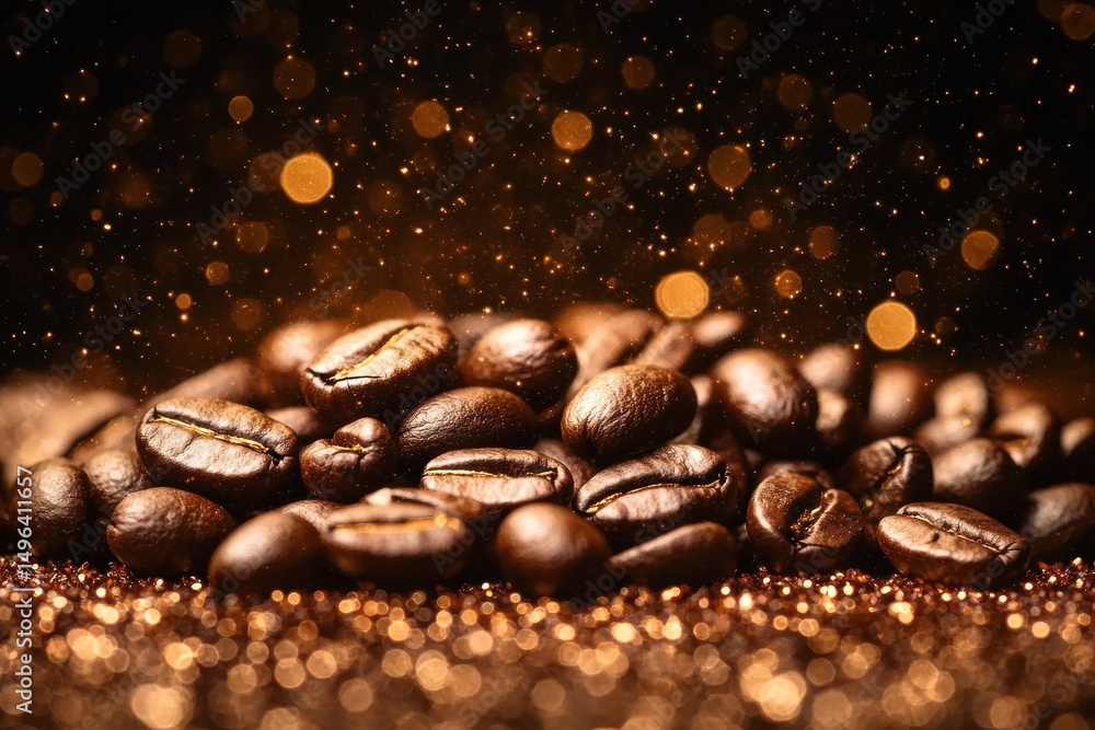 Close-up view of roasted coffee beans on a sparkling surface with warm golden bokeh lights creating a cozy and inviting atmosphere Close-up view of roasted coffee beans on a sparkling surface with warm golden bokeh lights creating a cozy and inviting atmosphere