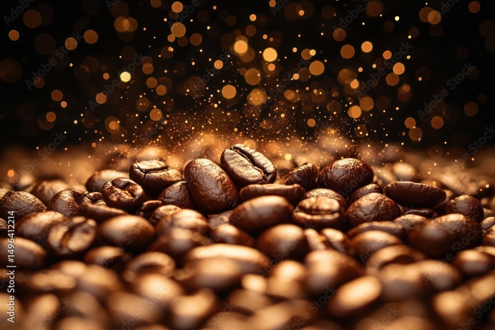 Close-up view of roasted coffee beans with golden bokeh lights and dust particles creating a warm and inviting atmosphere Close-up view of roasted coffee beans with golden bokeh lights and dust particles creating a warm and inviting atmosphere