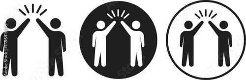 Teamwork icons set. Business working together flat symbols. Co-worker, cooperation, collaboration vectors. Two people give high-five or their hands raised up. Partnership on transparent background.