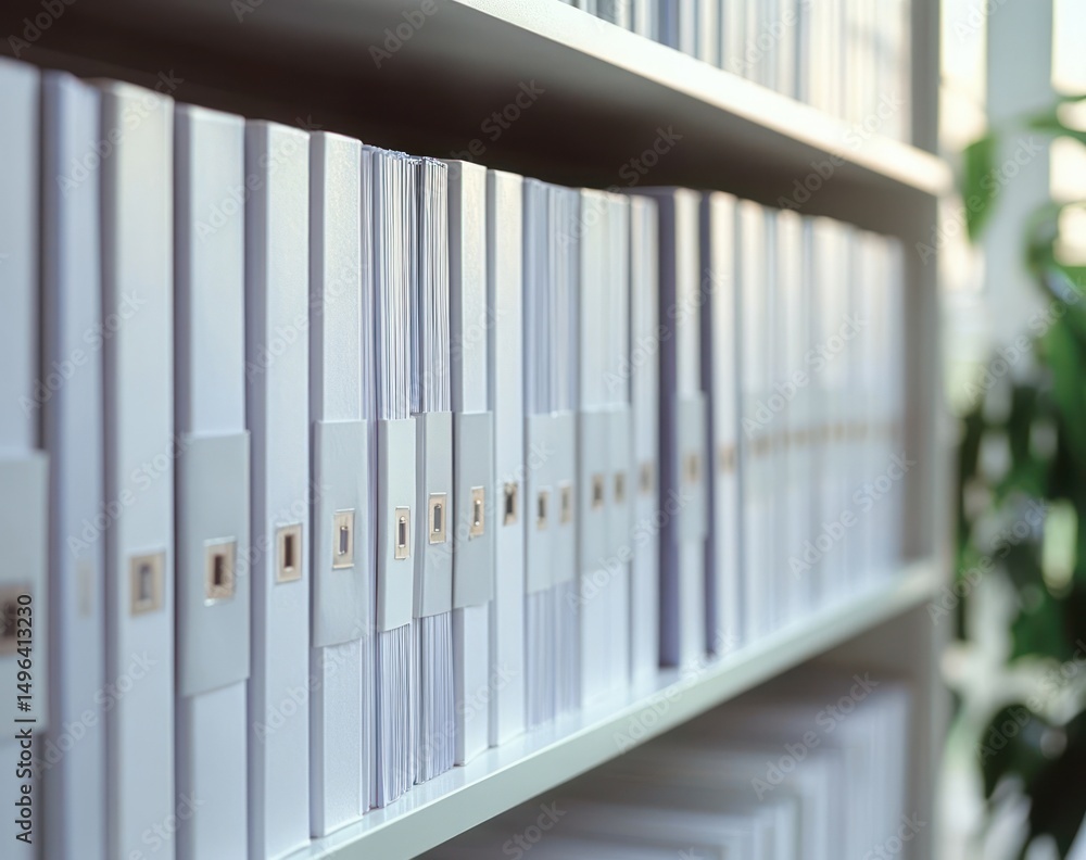Fototapeta premium Close-up of organized white binders neatly arranged on office shelves with soft natural light and blurred green plant in the background