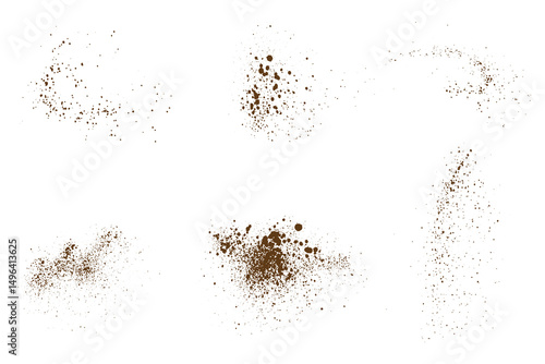 Vector chocolate powder dust particles splash isolated background set. Flying collection of coffee grain texture isolated background