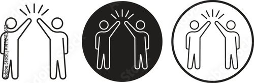 Teamwork icons set. Business working together line symbols. Co-worker, cooperation, collaboration vectors. Two people give high-five or their hands raised up. Partnership on transparent background.