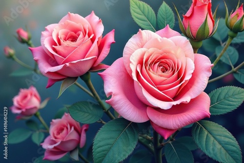 Intricate watercolor rose blooms, lush leaves, botanical, organic