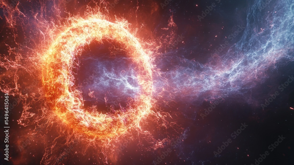 Fototapeta premium Fiery ring of energy, surrounded by electric currents
