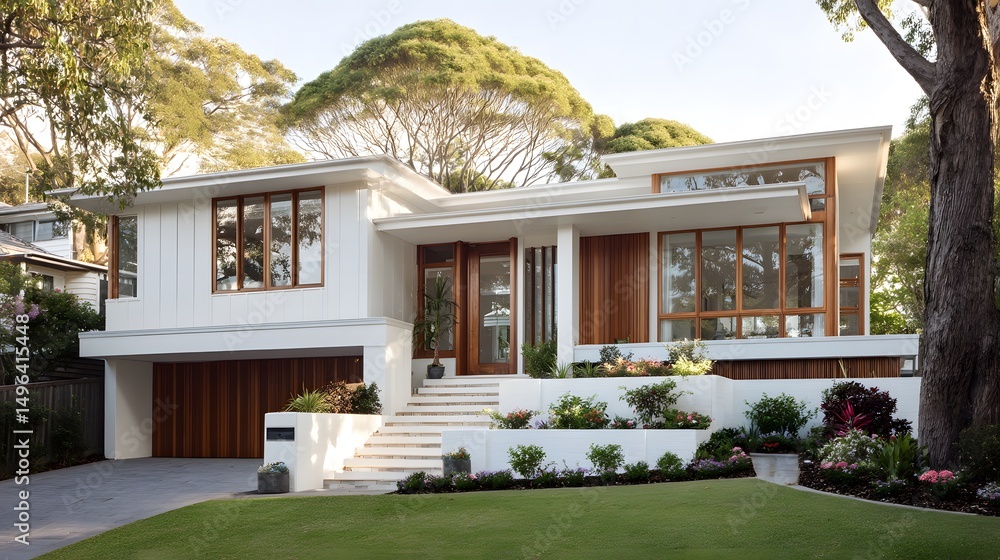 Fototapeta premium Modern suburban house exterior featuring clean architectural lines under soft afternoon sunlight, minimal landscaping and contemporary residential design aesthetics