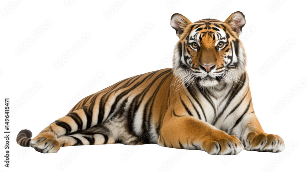 Fototapeta premium A majestic tiger resting, showcasing its striking orange and black stripes on a white isolated background.