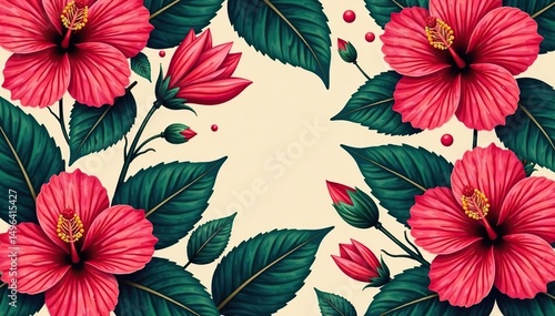 Wallpaper Mural Bold tropical hibiscus, vibrant repeating motif, orange, wallpaper, repeat Torontodigital.ca