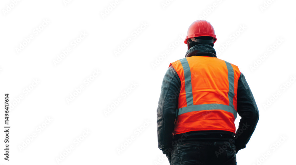 Construction worker in safety vest and helmet, standing with back to camera, isolated on white background. Construction worker in safety vest and helmet, standing with back to camera, isolated on white background.