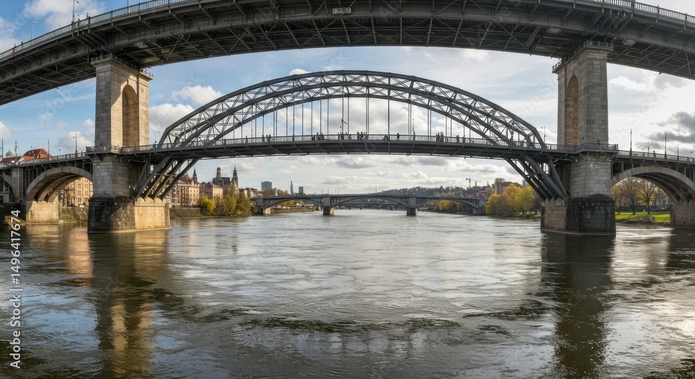 Naklejka premium Architectural Bridges Over a River: A stunning panoramic view of impressive bridges gracefully spanning a wide river. The image celebrates the beauty of architectural prowess. The structures.