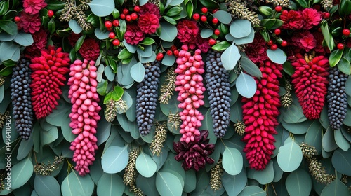 Vibrant floral arrangement with pink, red, and purple blossoms cascading down a background of eucalyptus leaves