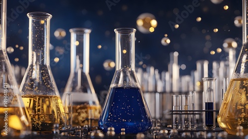 Colorful laboratory glassware filled with liquids.