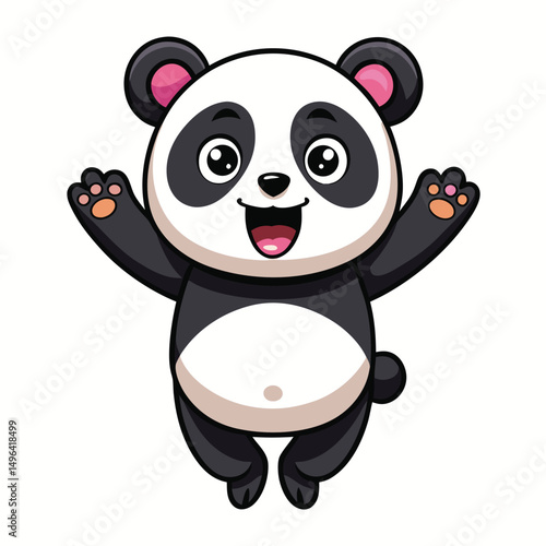 A delighted baby panda with its arms raised and a surprised expression appears to be jumping  a white background.