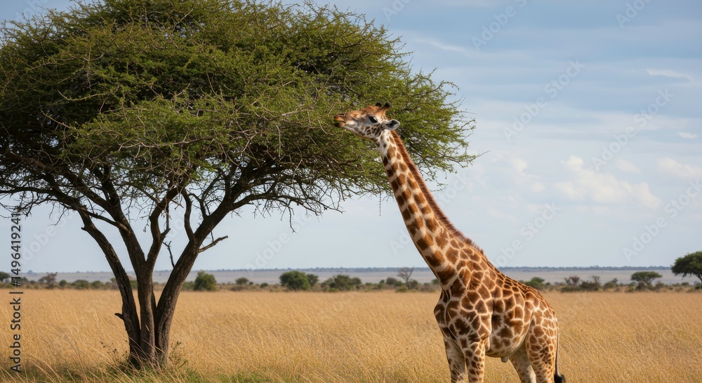 Fototapeta premium Giraffe in Savanna: A towering giraffe gracefully reaches for leaves in the heart of the vast savanna. capturing the essence of untamed beauty and wild nature