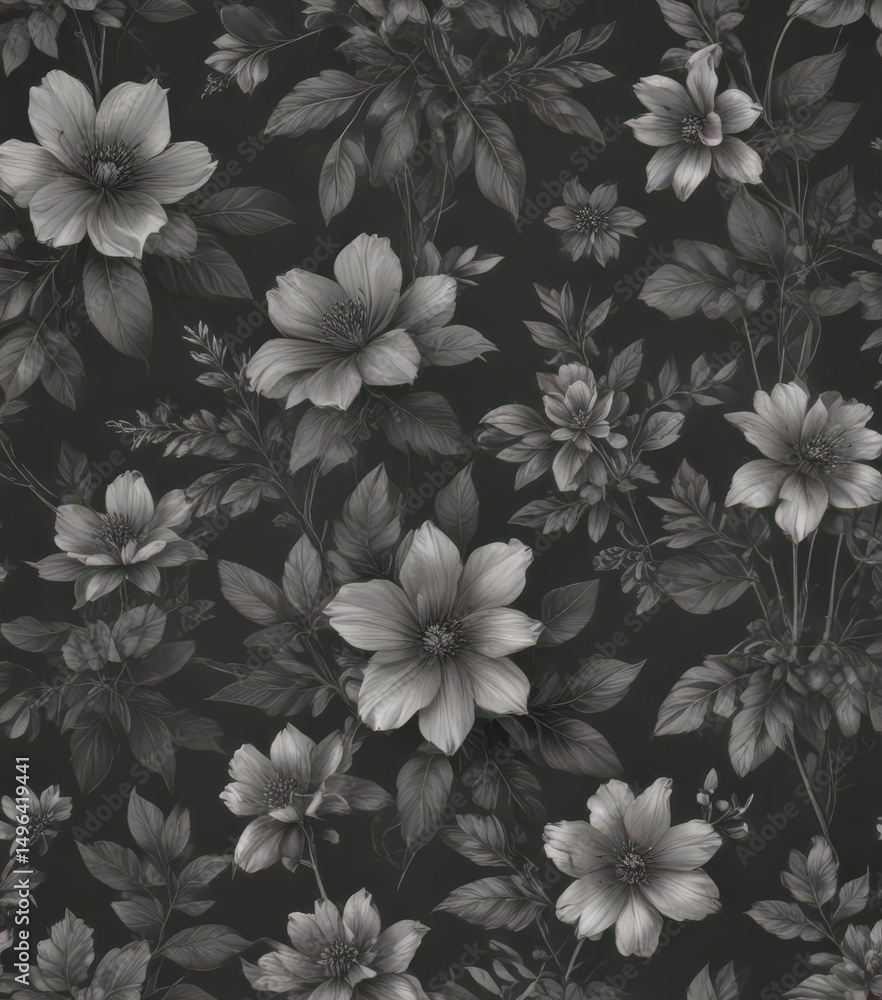 Fototapeta premium Subtle charcoal floral wallpaper, delicate botanical print, pattern, monochrome, textile