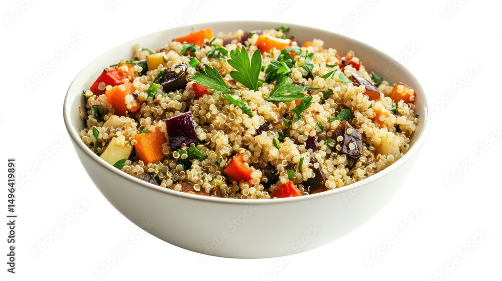 Healthy quinoa salad with colorful vegetables, served in a bowl, white isolated background. Healthy quinoa salad with colorful vegetables, served in a bowl, white isolated background.
