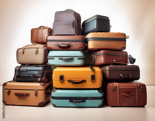 Luggage stacked neatly in organized arrangement showing various styles and colors in a travel-themed display Generative AI