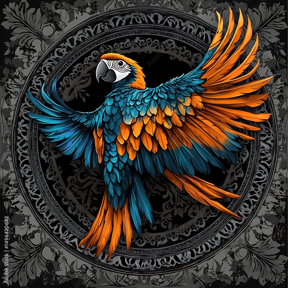 Fototapeta premium Detailed illustration of a vibrant macaw with outstretched wings.