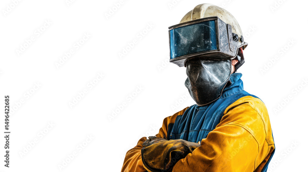 Obraz premium Welder in protective gear, arms crossed, confident pose against a white background.