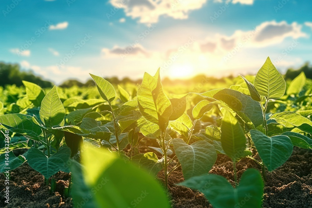 Fototapeta premium Young green plants growing in fertile soil under a bright sunny sky with soft clouds, evoking a sense of growth and freshness in nature