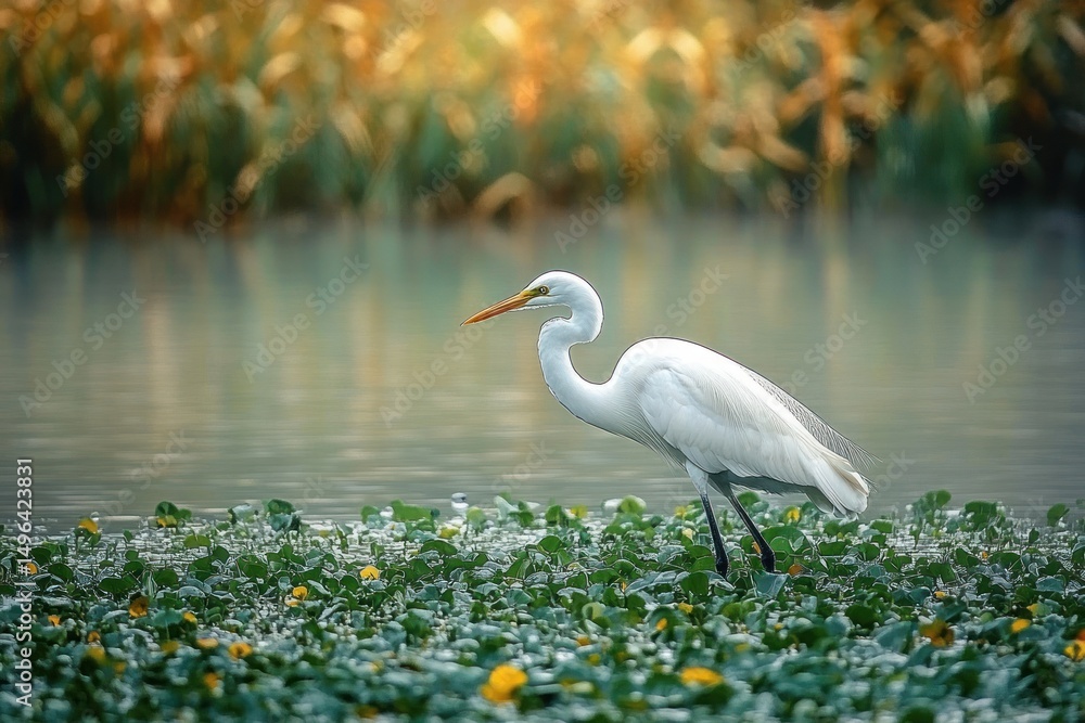 Obraz premium elegant white heron standing among green aquatic plants with yellow flowers in calm water near blurred reeds