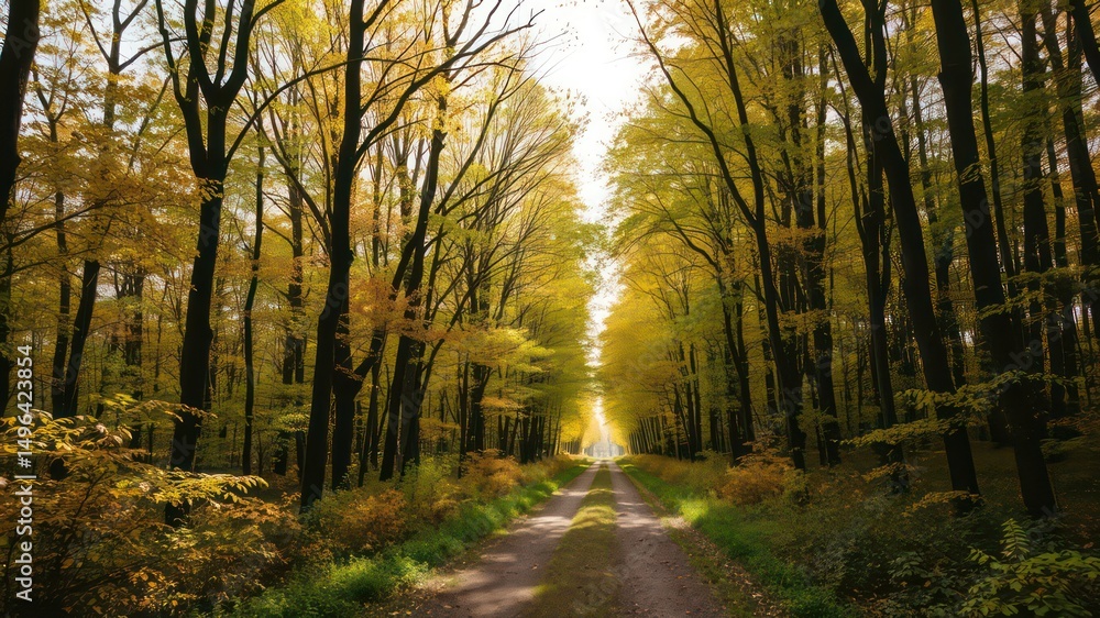 Fototapeta premium Serene Autumnal Forest Path A Sunlit Woodland Road