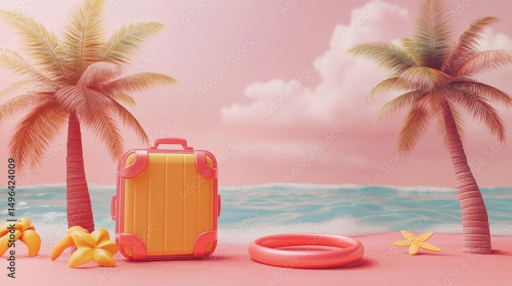 Obraz premium Colorful beach scene with two palm trees, starfish, inflatable ring, and suitcase against soft ocean waves and cloudy pink sky evoking summer vacation vibe