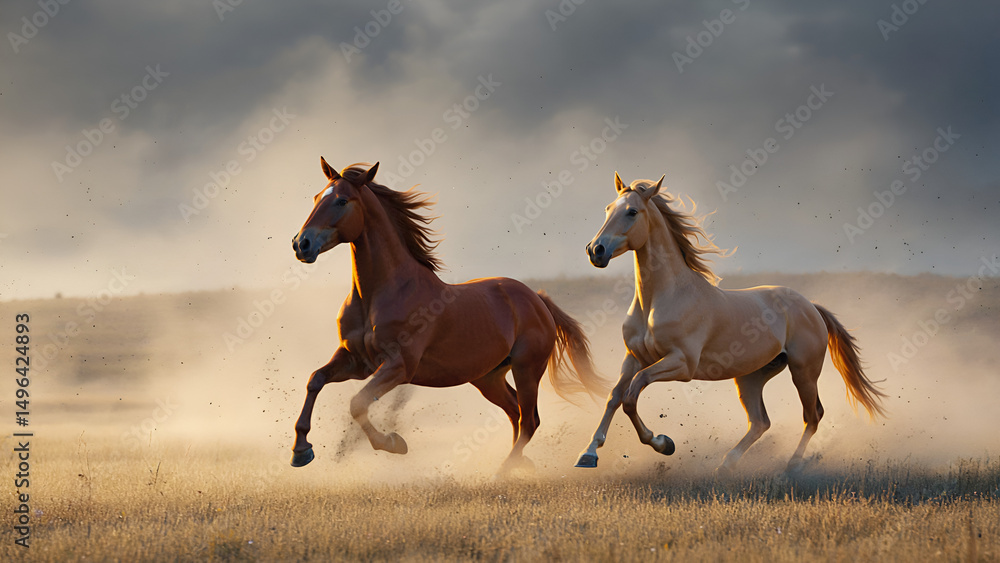 Two majestic horses running freely through a grassy field under a dramatic, cloudy sky. One horse is chestnut brown with a flowing mane, while the other is a light palomino with a white mane and tail. Two majestic horses running freely through a grassy field under a dramatic, cloudy sky. One horse is chestnut brown with a flowing mane, while the other is a light palomino with a white mane and tail.