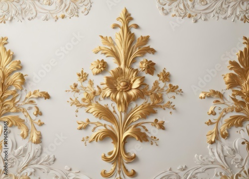 Luxurious white damask with gold floral details, classic, acanthus, sophisticated