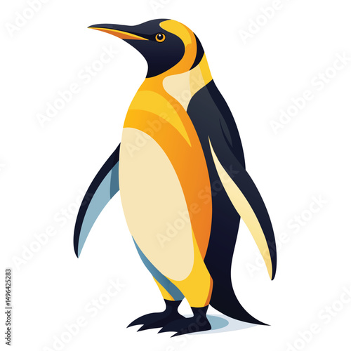 A king penguin with vibrant yellow plumage stands with its wings slightly outstretched, looking upwards  a white background.