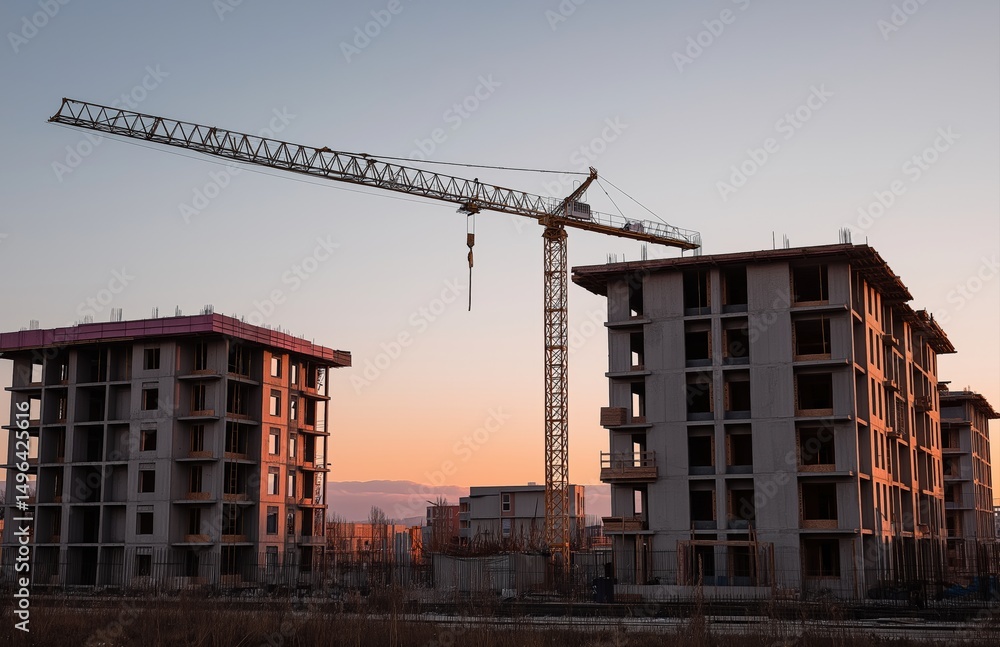 Construction crane building new residential apartment buildings at sunset, concept of real estate development Construction crane building new residential apartment buildings at sunset, concept of real estate development