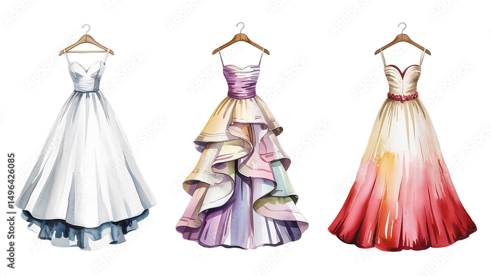 Obraz premium Three watercolor dresses hanging on wooden hangers, wedding dress set, dress for women