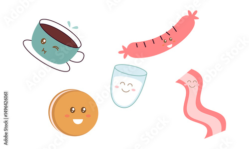 Breakfast Food Kawaii Doodle Set Vector Illustration