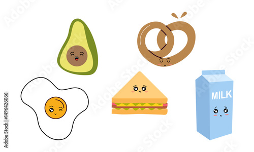 Breakfast Food Kawaii Doodle Set Vector Illustration