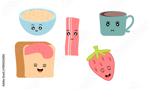 Breakfast Food Kawaii Doodle Set Vector Illustration