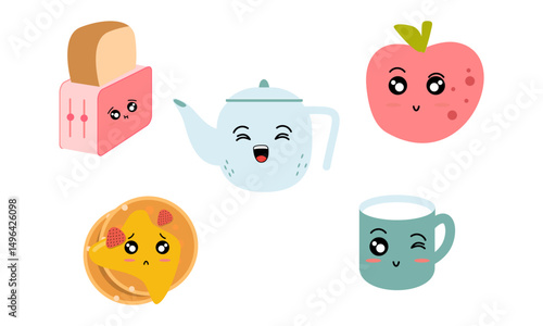 Breakfast Food Kawaii Doodle Set Vector Illustration