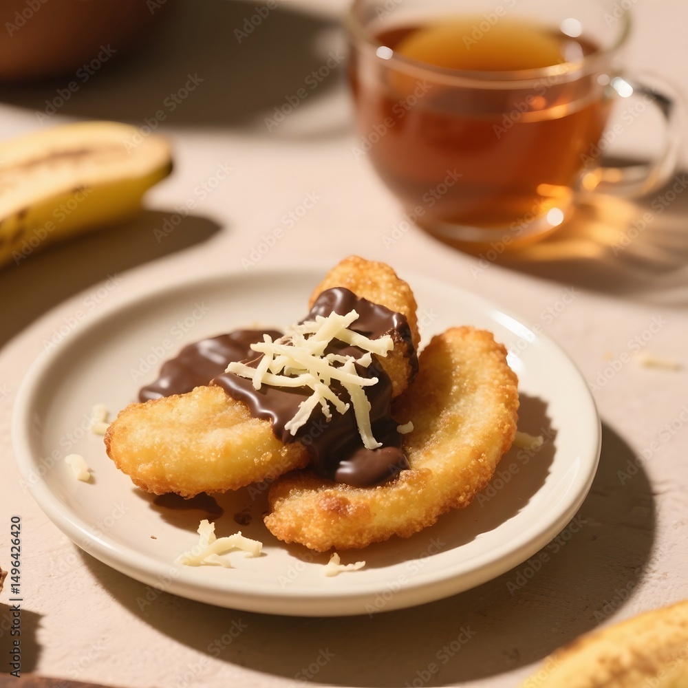 4k high quality Ai generative HD photo realistic business menu sell market traditional food Indonesia snack treat Pisang Goreng fried Banana fritters hot cup tea white plate chocolate cheese morning 4k high quality Ai generative HD photo realistic business menu sell market traditional food Indonesia snack treat Pisang Goreng fried Banana fritters hot cup tea white plate chocolate cheese morning