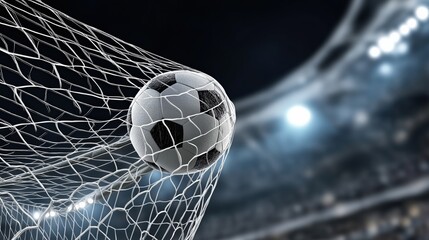 Classic black and white soccer ball hitting the net after a goal during a night championship match in a crowded stadium