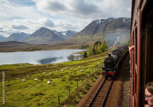 Scenic Train Journey: A picturesque train journey offers a stunning view, featuring the majestic mountain landscape and serene lake.
