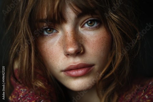 Close-up artistic portrait of a young woman with freckles and piercing gaze