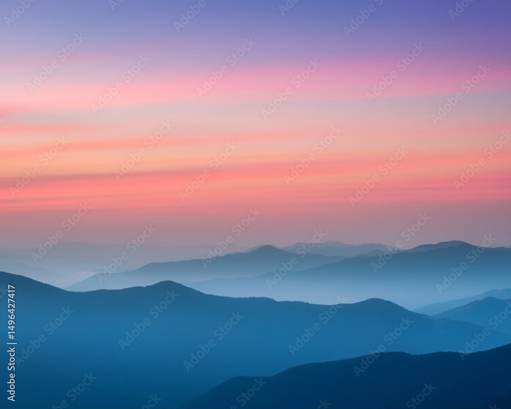 Soft pastel twilight sky over a mountain range, symmetrical design with clean foreground Soft pastel twilight sky over a mountain range, symmetrical design with clean foreground