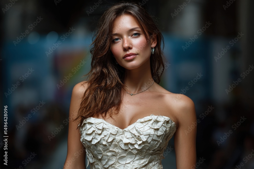 Fototapeta premium Portrait of a young woman in a white embroidered strapless dress standing in an urban environment
