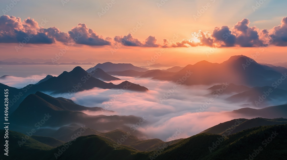 Fototapeta premium Golden sunrise illuminates majestic mountain peaks rising above a sea of clouds, creating a breathtaking panorama