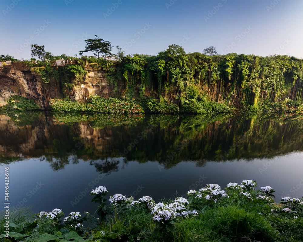 Fototapeta premium A cliffside with lush greenery and flowers, soft lighting, and reflections