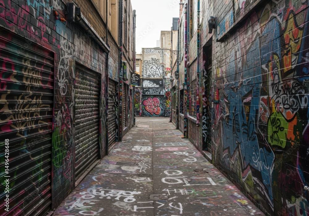 Fototapeta premium Graffiti Alleyway: An urban exploration into a narrow alley, its walls and surroundings are awash in vibrant graffiti, hinting at a tale of modern street art
