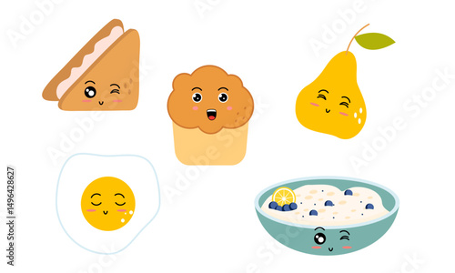 Breakfast Food Kawaii Doodle Set Vector Illustration