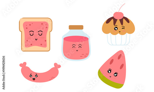 Breakfast Food Kawaii Doodle Set Vector Illustration