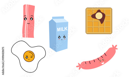 Breakfast Food Kawaii Doodle Set Vector Illustration