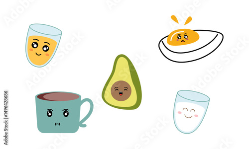 Breakfast Food Kawaii Doodle Set Vector Illustration